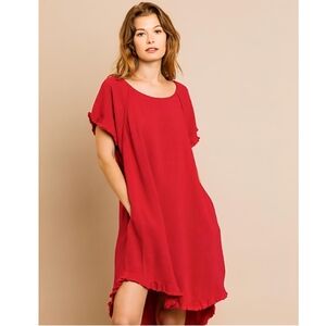 Vasna (Women's L) Red High-Low Frayed Hem Cotton Linen Blend Casual Dress